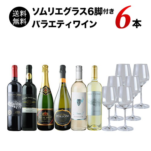 【限定セット】飲食店様開業応援キャンペーン！ソムリエグラス6脚付きバラエティワイン6本セット 送料無料