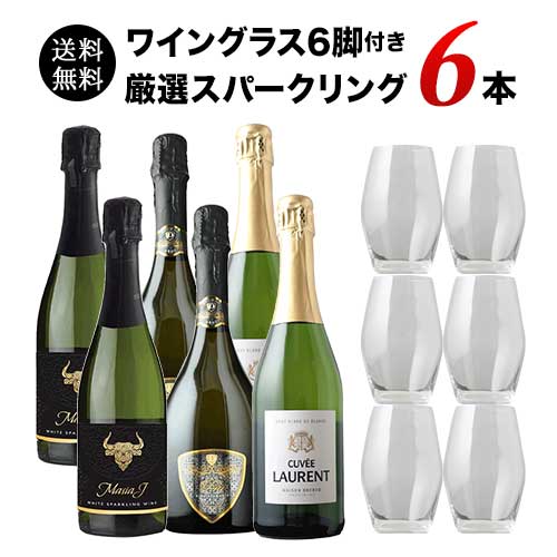 【限定セット】飲食店様応援キャンペーン！グラスワインにおすすめ！ワイングラス6脚付き 厳選ワイン6本セット(スパークリングワイン） 送料無料